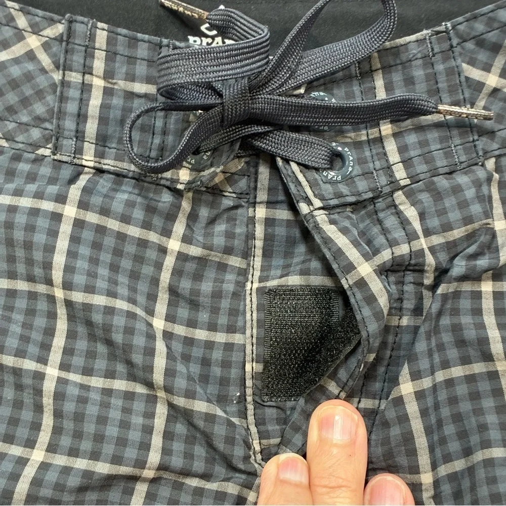 PrAna Swim Trunks Drawsting Gray Plaid Print Unlined Size 30